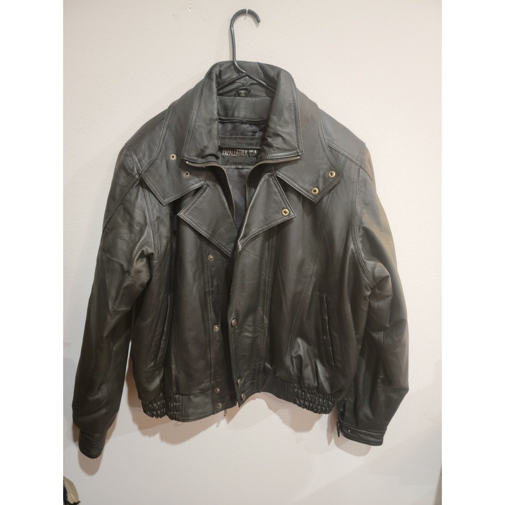 Papaleather USA black leather motorcycle flight JACKET full Zip Black size‎ L